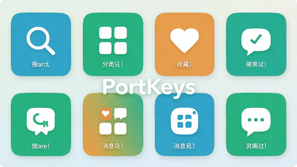 һ���ֻ�Ӧ�õĹ���չʾͼ��������PortKeys���������Կ�Ƭ��ʽչʾ�������ģ��ͼ�꣬�������������ࡢ�ղء���Ϣ�ȣ�ͼ����ͳһΪԲ�Ǳ�ƽ����ƣ���ɫ���£�����Ϊǳɫ���䣬�����д���