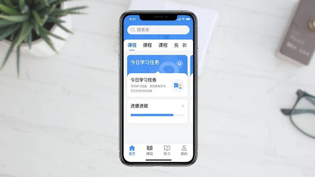 һ��չʾ�̺�ѧAPP���������ֻ���ͼ���ͼƬ������������һ�������ֻ�����Ļ��ʾ�̺�ѧӦ����ҳ���������������Ϳγ̷����ǩ���м��ǽ���ѧϰ����Ƭ�ͽ��������ײ�Ϊ��ҳ���γ̡���ϰ���ҵ��ĸ�������ť���������������ɫ��������ˬ�ɾ���ѧϰ��ΧŨ�񣬷���ִ���ƽ����ϸ��Բ�󣬻��ʸ��壬�޶���Ԫ��