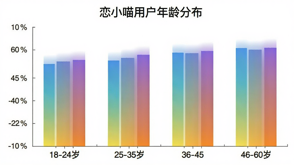 一张柱状图,展示不同年龄段用户使用“恋小喵”App的人数占比,横轴为年龄段18-24岁、25-35岁、36-45岁、46-60岁,纵轴为占比百分比,柱子颜色为渐变色,图表标题为“恋小喵用户年龄分布”,背景干净,画质清晰,无多余元素