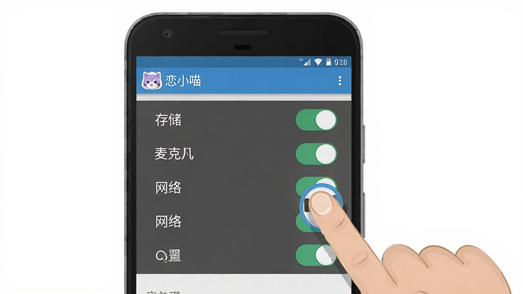 一张展示安卓手机安装“恋小喵”App时权限设置界面的示意图,画面中手机屏幕显示权限开关列表,包括存储、麦克风、网络等选项,旁边有手指点击的示意,界面清晰,顶部有“恋小喵”文字,风格简洁直观,画质干净无多余元素
