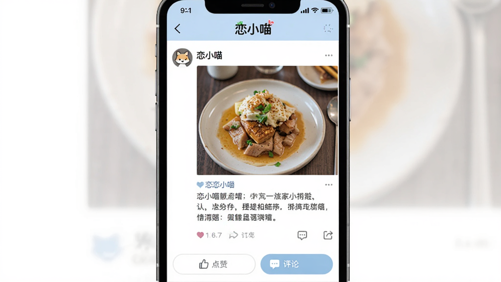 一张展示“恋小喵”App动态广场页面的手机截图,画面中手机屏幕显示用户发布的图文动态,有美食照片和文字描述,下方有点赞和评论按钮,界面布局清晰,顶部有“恋小喵”标识,整体风格清新明快,画质干净无多余元素
