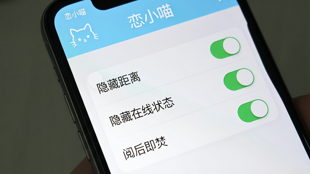 一张展示“恋小喵”App隐私设置页面的手机截图,画面中手机屏幕显示隐私选项开关,包括“隐藏距离”“隐藏在线状态”“阅后即焚”等选项,界面设计简洁,顶部有“恋小喵”文字,色调以浅蓝和白色为主,画质干净无多余元素