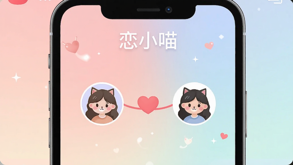 一张展示“恋小喵”App智能匹配功能的界面图,画面中央是手机屏幕,屏幕上显示匹配成功的动画效果,两个用户头像之间有一条爱心连接线,背景是柔和的渐变色,屏幕上方有“恋小喵”文字,风格温馨浪漫,画质干净无多余元素