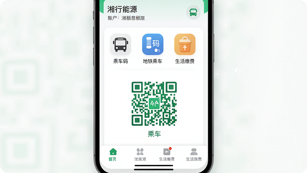 ������һ�������ֻ���Ļ����Ļ����ʾ��������Դ��App�������棬�������й����˳��롢�����˳��롢����ɷѵ�ͼ�꣬����Ϊ�����������˻���Ϣ���м�����Ŀ����ɫ�˳���ά�룬�ײ��ǹ��ܵ��������Ű������������Ϊ�ִ���ƽ����ƣ�ϸ����ͼ��Բ�󣬱���Ϊ�ɾ���ǳɫ�����ʸ��壬�ɾ����޶���Ԫ�ء�