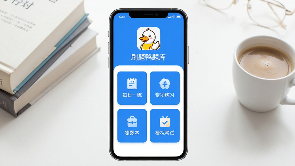 һ��չʾˢ��Ѽ���App���Ľ�����ֻ�����ͼ������������һ���ִ������ֻ�����Ļ����ʾˢ��Ѽ���������棬����ÿ��һ����ר����ϰ�����Ȿ��ģ�⿼���ĸ�������ڣ�������������ɫΪ���������пɰ���Ѽ�Ӽ�����ͼ�꣬�����Ǹɾ��������������Ա߷��ż������һ�����ȣ��������������죬�����������޶���Ԫ��