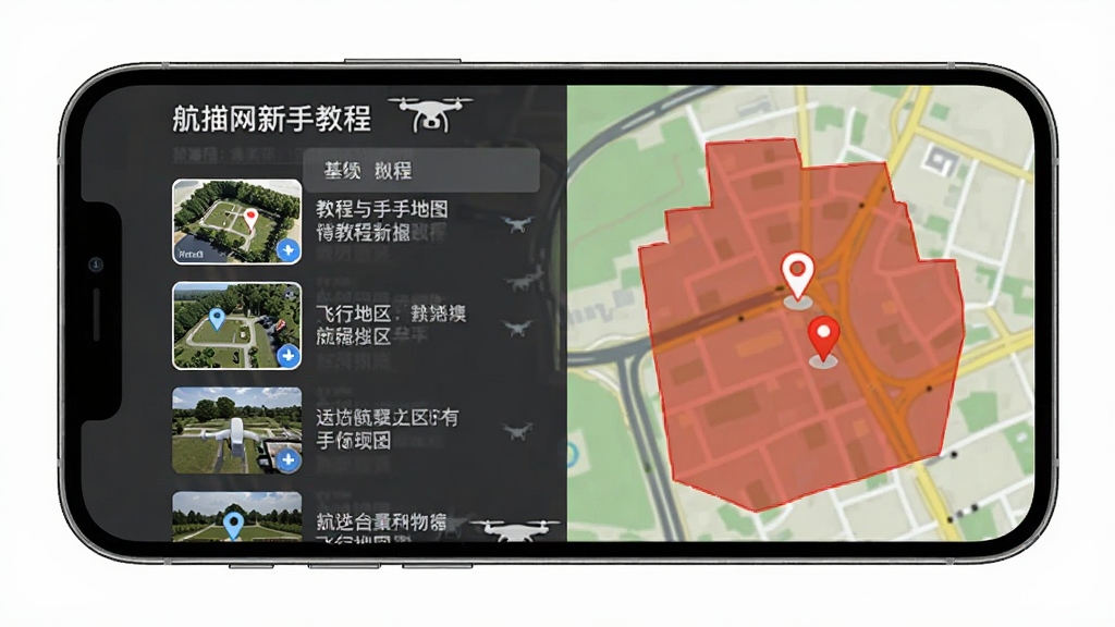 航拍网 新手教程与飞行地图 主体为手机屏幕显示教程列表和地图标注 布局左侧为教程缩略图 右侧为禁飞区红色标注 排版清晰 风格教学实用 细节有无人机图标和地图图钉 画质干净 无多余元素