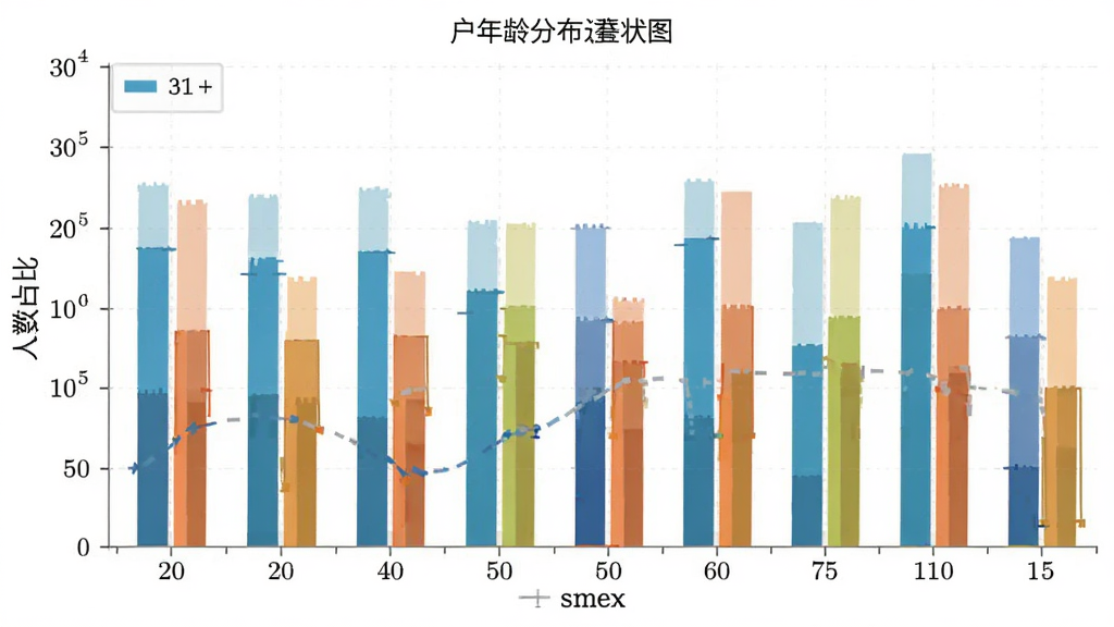 航拍网 用户年龄分布柱状图 主体为柱状图 布局横轴为年龄段 纵轴为人数占比 排版清晰 风格数据图表 细节有不同颜色柱子 画质干净 无多余元素