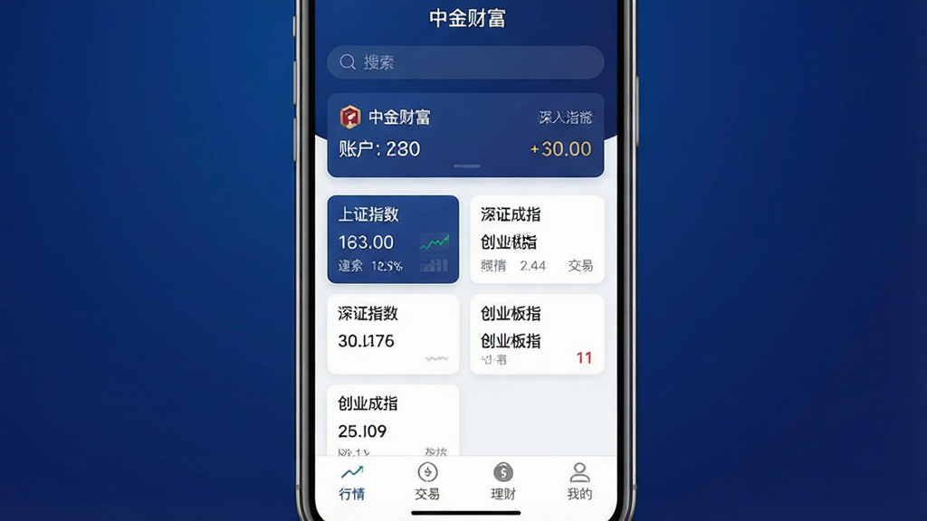 一张手机应用界面展示图,画面中央是一部现代智能手机,屏幕上显示“中金财富”App的主页,背景为深蓝色渐变,页面顶部有搜索框和账户总览,中部展示上证指数、深证成指、创业板指等主要指数卡片,底部导航栏包含行情、交易、理财、我的四个图标,整体布局清晰,风格现代简约,画质干净,无多余元素