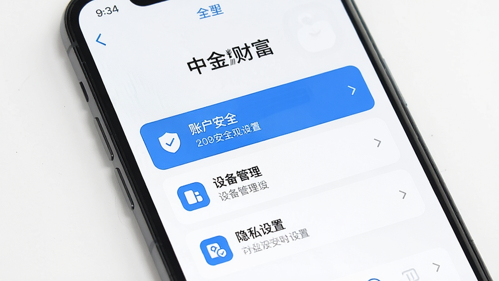 一张手机应用安全中心界面展示图,画面中央是一部智能手机,屏幕上显示“中金财富”App的安全设置页面,包含账户安全、设备管理、隐私设置等选项,背景为白色,图标为蓝色系,界面风格简洁清晰,画质干净,无多余元素