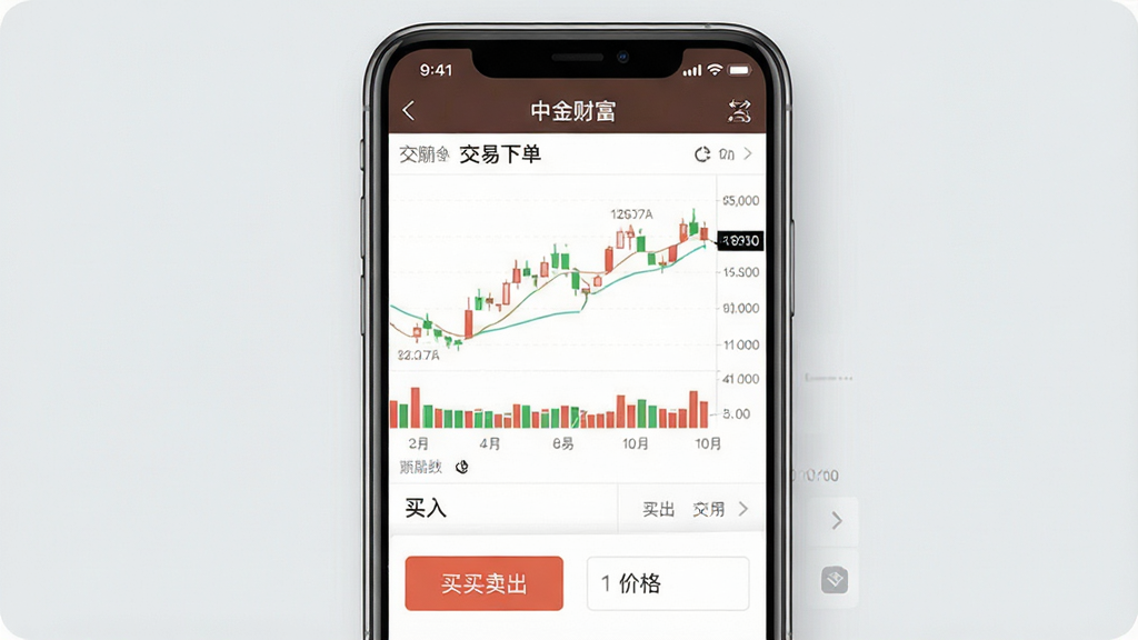 一张手机应用功能展示图,画面中央是一部智能手机,屏幕上显示“中金财富”App的交易下单界面,上半部分展示股票K线图,下半部分展示买入卖出按钮和价格输入框,背景为浅灰色,界面风格简洁专业,文字标签清晰,画质干净,无多余元素
