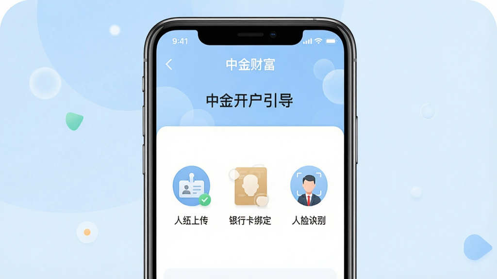 一张手机应用新手引导界面展示图,画面中央是一部智能手机,屏幕上显示“中金财富”App的开户引导页面,包含身份证上传、银行卡绑定、人脸识别等步骤图标,背景为浅蓝色,界面风格友好清晰,文字标签明确,画质干净,无多余元素