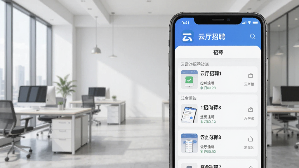 一张展示云厅招聘APP核心界面的手机屏幕截图,手机屏幕中显示云厅招聘的Logo和招聘岗位列表,背景是简洁的现代办公环境,布局清晰,风格现代扁平,画质干净,无多余元素