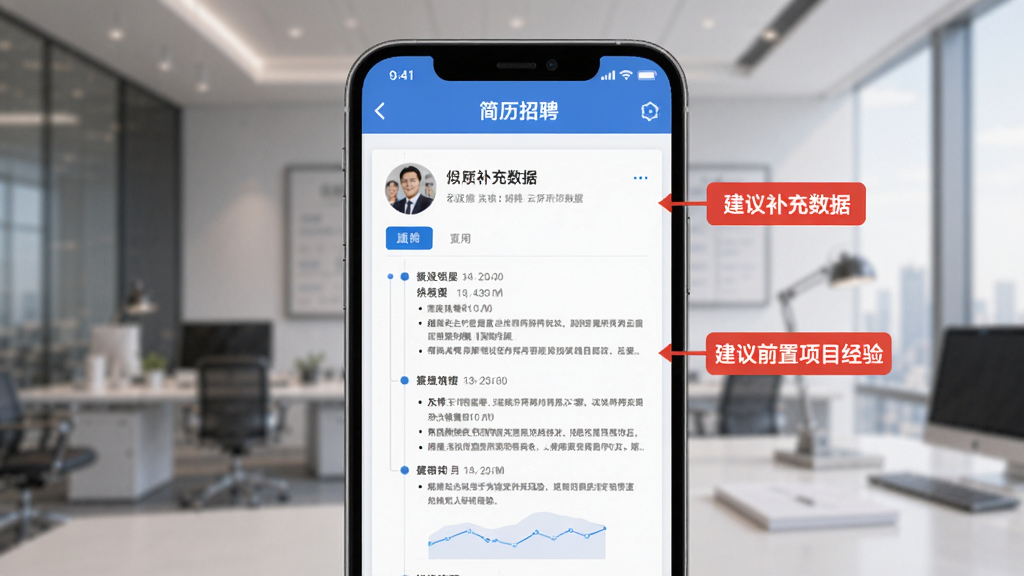 云厅招聘APP的简历优化页面,画面中显示一份简历的预览图,旁边有红色的修改建议标签,如“建议补充数据”、“建议前置项目经验”,整体界面设计专业,排版清晰,风格商务简洁