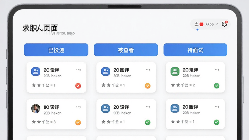 云厅招聘APP的个人中心求职进度页面,画面中展示一个看板视图,分为“已投递”、“被查看”、“待面试”等列,每个列下有小卡片代表投递的公司,界面设计现代,逻辑清晰,风格简洁高效