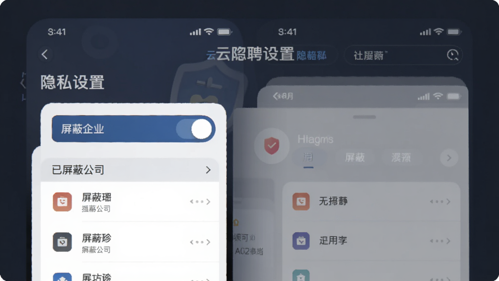 云厅招聘APP的隐私设置页面,画面中展示“屏蔽企业”功能的开关按钮和已屏蔽公司的列表,界面设计注重安全感,色调沉稳,布局清晰,无多余装饰