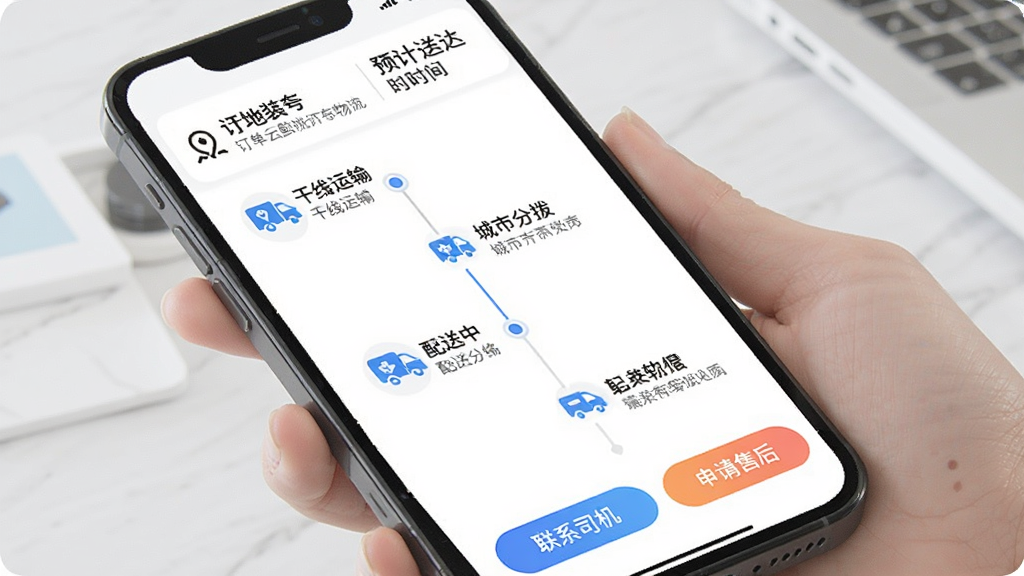 零供云生鲜物流跟踪页面,手机屏幕展示订单物流轨迹时间轴,包含产地装车、干线运输、城市分拨、配送中四个节点,每个节点有对应图标和文字说明,顶部显示订单编号和预计送达时间,底部有“联系司机”和“申请售后”按钮,风格现代简洁,画质干净无多余元素