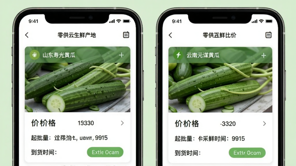 零供云生鲜产地直采比价界面,手机屏幕上显示不同产地的蔬菜卡片,左侧为山东寿光黄瓜,右侧为云南元谋黄瓜,卡片内包含价格、规格、起批量、到货时间等文字信息,背景为淡绿色,风格扁平清爽,画质干净无多余元素