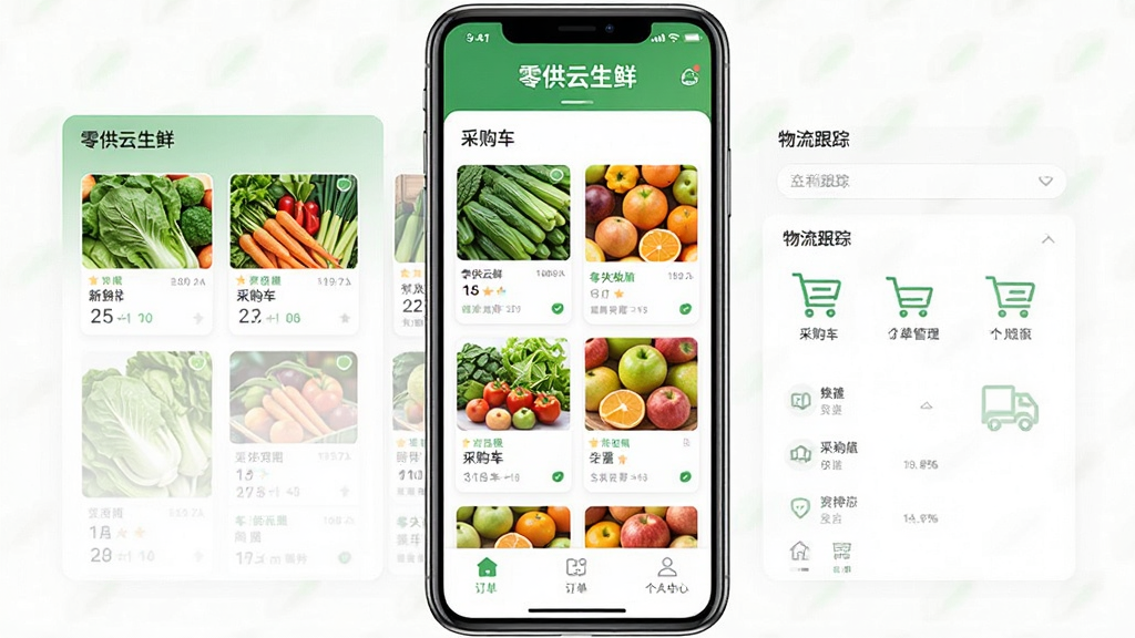 零供云生鲜软件主界面全貌,手机屏幕展示商品列表、采购车、物流跟踪三大核心板块,界面以绿色和白色为主色调,顶部显示“零供云生鲜”文字标识,中部为新鲜蔬菜水果的商品卡片,底部为订单管理和个人中心入口,风格清新简洁,画质干净无多余元素