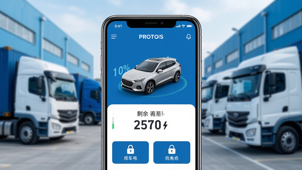 一张展示质子汽车APP核心界面的图片,画面中央是一部智能手机,手机屏幕显示着质子汽车APP的主页,主页上有车辆3D模型图、剩余电量百分比、剩余续航里程数字、以及远程锁车和解锁的图标按钮,手机背景是模糊的物流园区和几辆新能源轻卡,整体色调以科技蓝和白色为主,风格现代简洁,细节清晰,画质干净无多余元素。