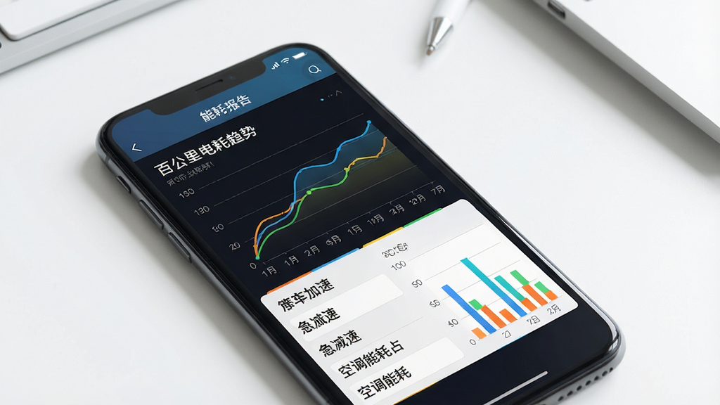 一张展示质子汽车APP能耗分析报告界面的图片,手机屏幕显示着折线图和柱状图,图表标题写着百公里电耗趋势,下方列出急加速、急减速、空调能耗占比等数据条目,界面配色清晰,图表线条流畅,背景是干净的白色办公桌面,风格商务简洁,画质清晰,无多余元素。