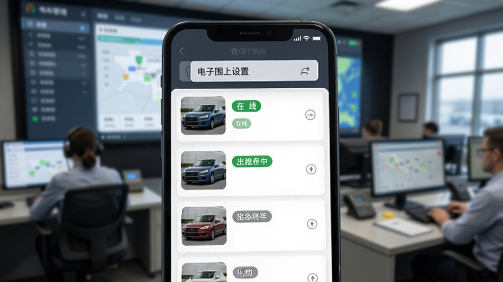 一张展示质子汽车APP车队管理界面的图片,手机屏幕显示着一个列表,列表中有多辆车的缩略图和状态标签,有的显示在线,有的显示充电中,有的显示离线,屏幕上方有电子围栏设置入口,界面布局规整,配色沉稳,背景是物流公司调度室场景,风格写实,画质清晰,无多余元素。