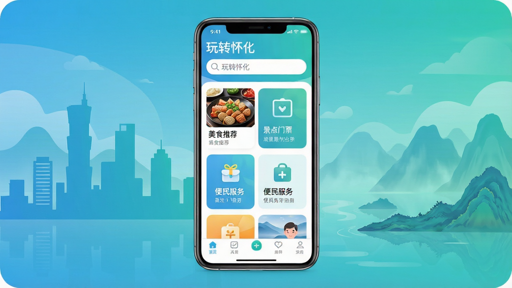 玩转怀化APP主界面全景展示,手机屏幕居中放置,屏幕内显示怀化本地生活服务首页,顶部搜索栏写着“玩转怀化”,中间卡片式布局展示美食推荐、景点门票、便民服务入口,底部导航栏清晰可见,背景为怀化城市剪影与山水元素融合,蓝绿色调为主,风格清爽现代,细节圆润,画质干净,无多余元素,适合应用商店宣传图