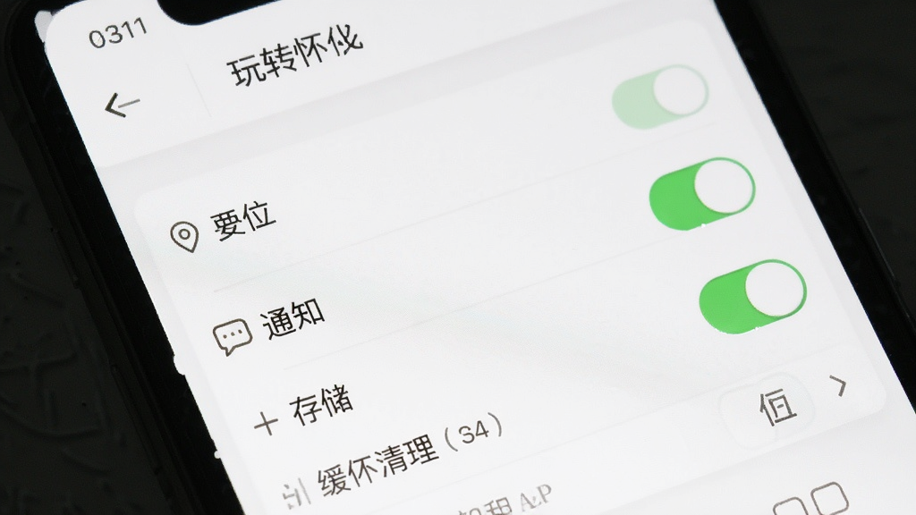 玩转怀化APP设置界面截图,手机屏幕展示权限管理和缓存清理选项,有定位、通知、存储等开关按钮,界面文字清晰,背景为白色,风格简洁,画质干净,无多余元素