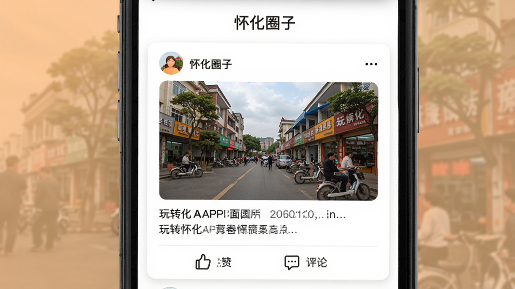 玩转怀化APP社区互动页面,手机屏幕展示用户发布的怀化本地街景照片和文字动态,下方有点赞和评论按钮,顶部有“怀化圈子”标题,背景为白色卡片式设计,风格温馨生活化,画质干净,无多余元素