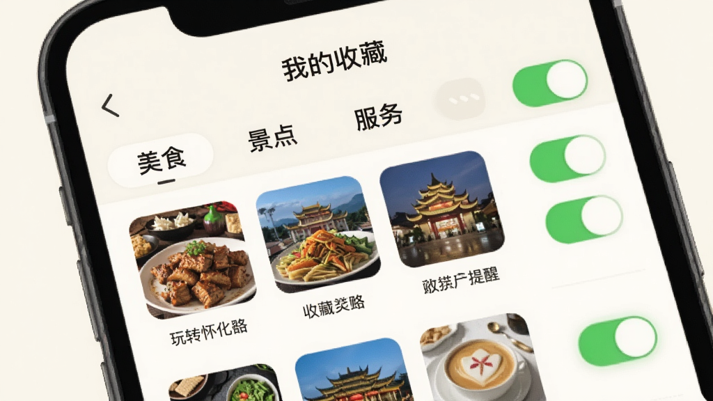 玩转怀化APP收藏与提醒界面,手机屏幕展示收藏列表,分类标签有美食、景点、服务等,右侧有开关按钮用于开启提醒,顶部有“我的收藏”文字,背景为米白色,风格简约,画质干净,无多余元素