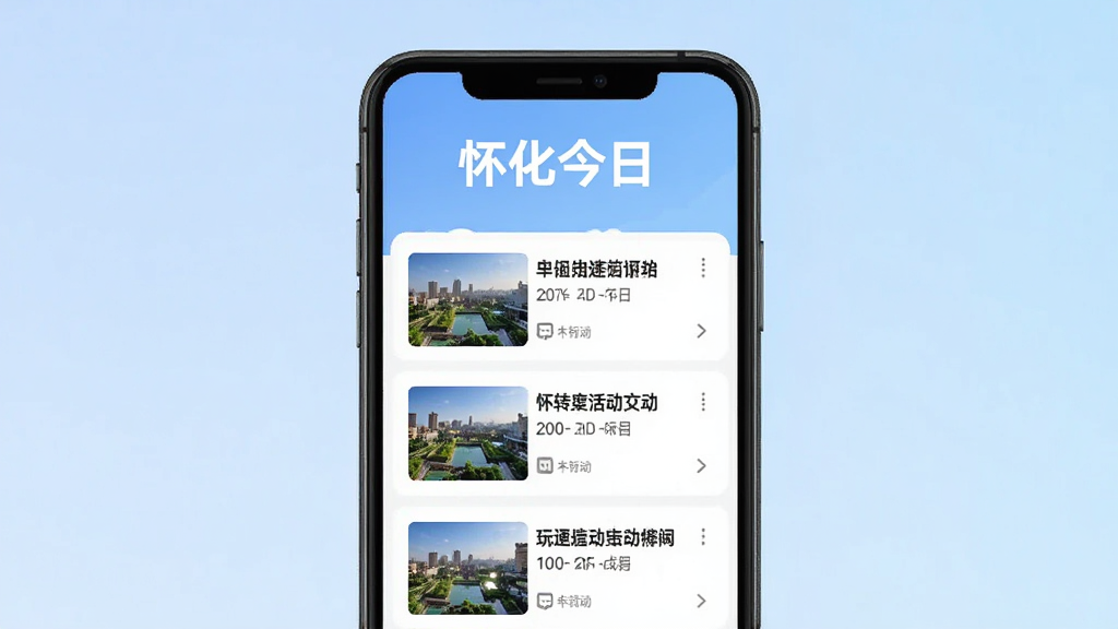 玩转怀化APP本地资讯页面,手机屏幕展示怀化本地新闻与活动列表,每条信息配有缩略图和简短标题,顶部有“怀化今日”醒目文字,背景为淡蓝色渐变,界面布局清晰,风格扁平化,画质干净,无多余元素