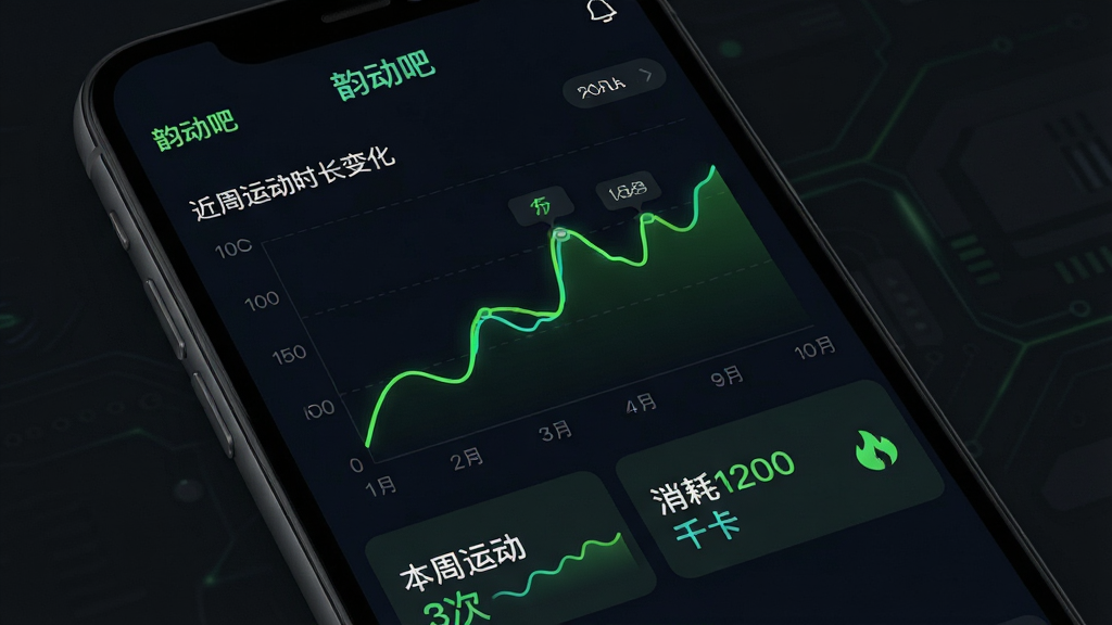 一张展示“韵动吧”App运动数据记录页面的图片,手机屏幕中显示折线图展示近一周运动时长变化,下方有“本周运动3次”“消耗1200千卡”等数据卡片,配色为深色背景配荧光绿线条,风格科技运动感,画面清晰,无多余元素