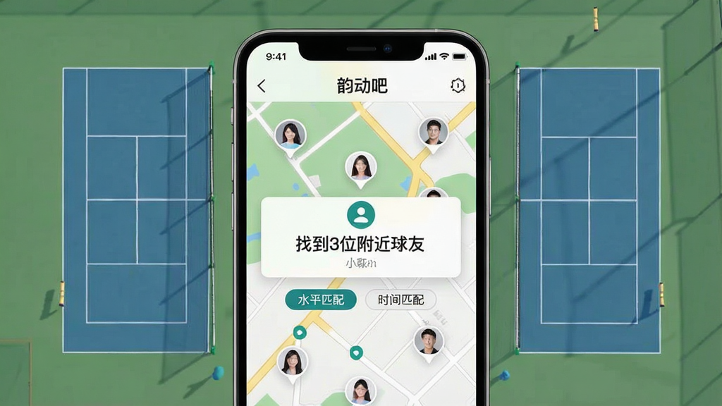 一张展示“韵动吧”App约球匹配界面的图片,画面中手机屏幕显示地图上有多个用户头像标记,中间弹出“找到3位附近球友”的提示框,下方有“水平匹配”“时间匹配”标签,背景是网球场俯视图,风格简洁现代,画质干净,无多余元素