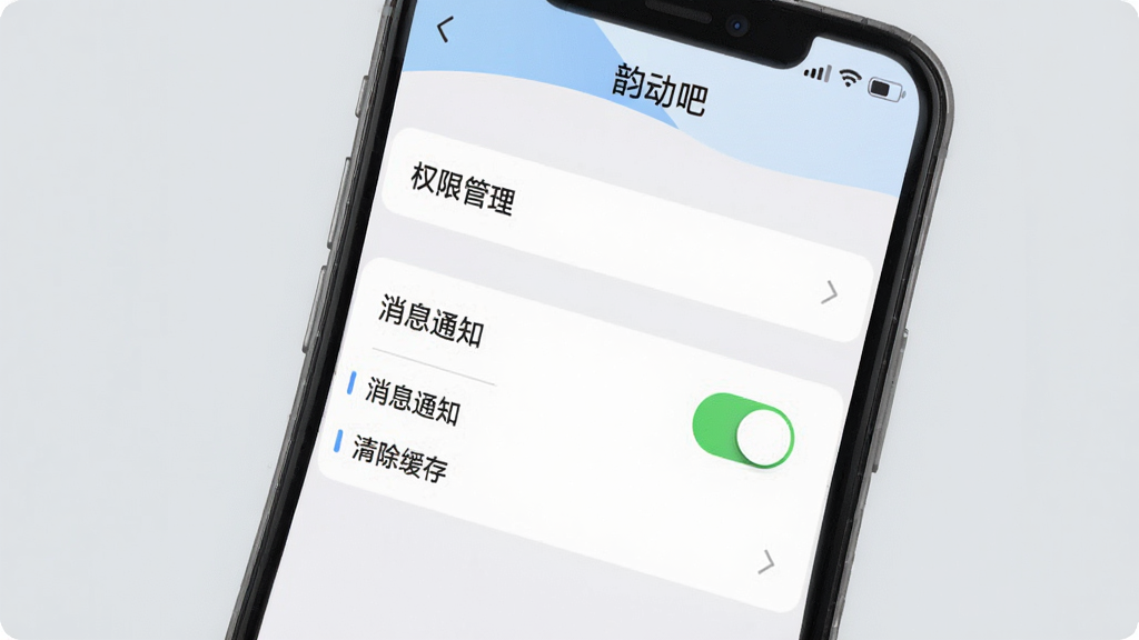 一张展示“韵动吧”App设置页面的图片,手机屏幕显示“权限管理”“消息通知”“清除缓存”等选项,其中“消息通知”开关处于开启状态,背景为浅灰色,风格简洁实用,画质清晰,无多余元素