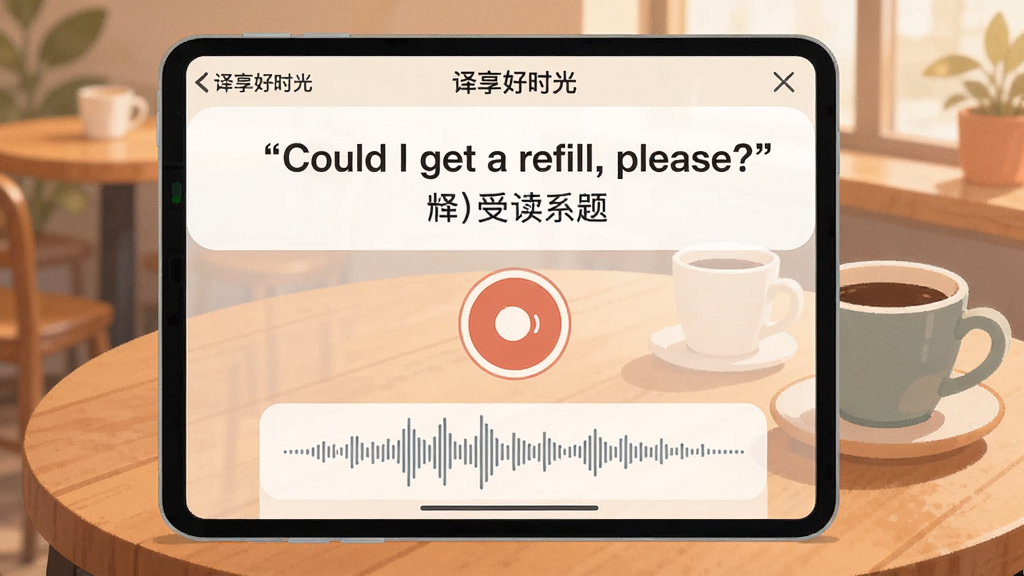画面展示“译享好时光”的跟读练习界面,屏幕上方有一句英文“Could I get a refill, please?”和对应的中文翻译,中间是一个圆形的录音按钮,下方有波形图显示录音状态。背景是温馨的咖啡馆桌面,风格扁平化设计,色彩柔和,布局清晰,画质干净,文字无多余修饰。