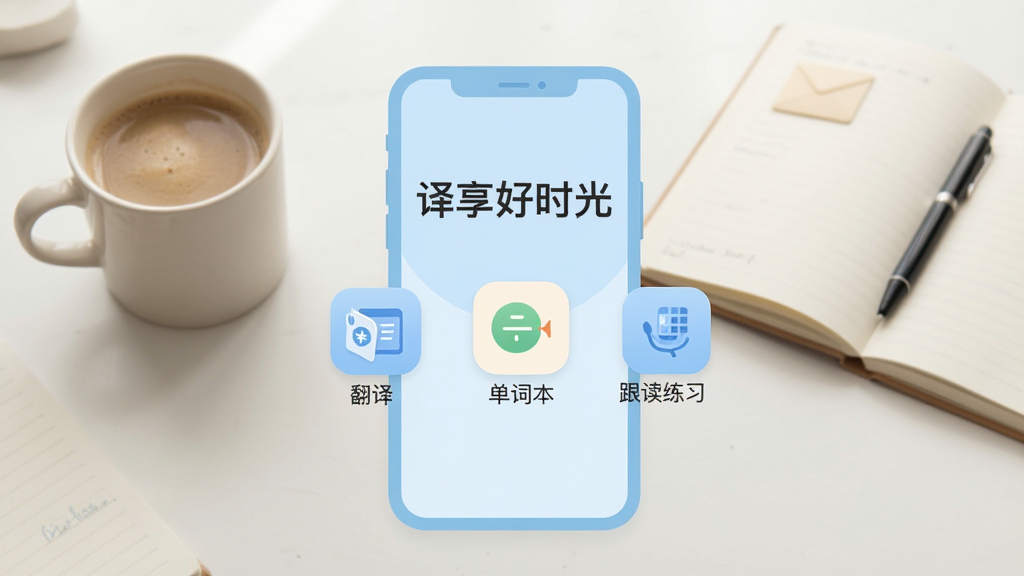 画面中央是一个简洁的浅蓝色手机界面,界面主标题写着“译享好时光”,下方排列着翻译、单词本、跟读练习三个圆角图标按钮。背景是柔和的书桌场景,旁边放着一杯咖啡和一本翻开的笔记本。整体风格清新扁平,布局居中对称,画质干净无多余元素,文字清晰可辨。