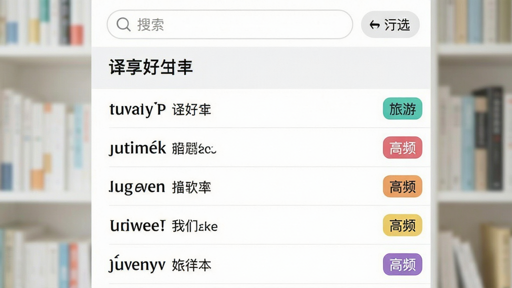 画面中展示“译享好时光”的生词本界面,列表里整齐排列着英文单词和中文释义,每个单词右侧有彩色小标签写着“旅游”“高频”等字样。界面顶部有搜索框和筛选按钮。背景是干净的书架虚化场景,风格清爽,布局条理分明,画质清晰,文字锐利无多余元素。