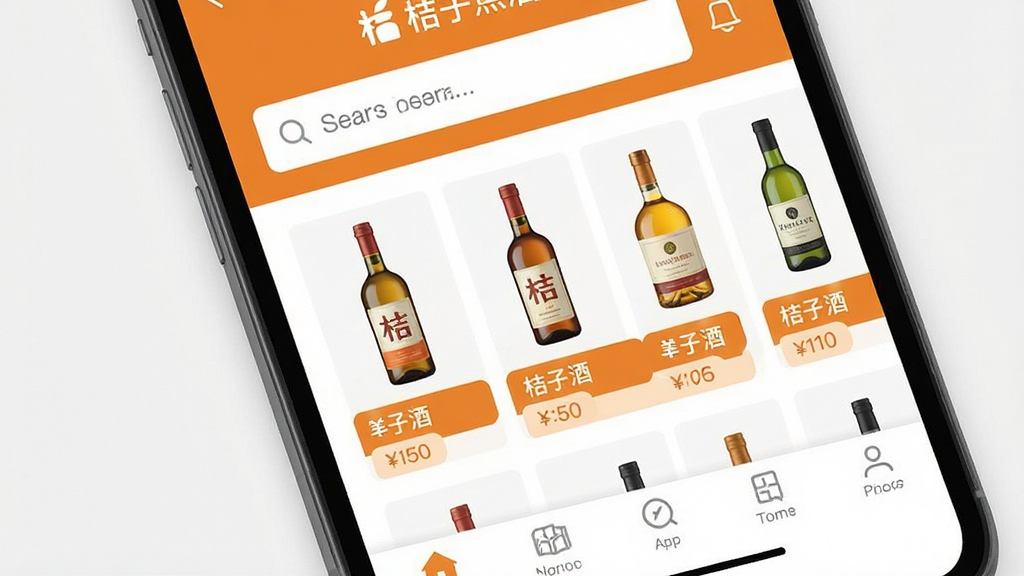 一张手机屏幕特写,画面中央是“桔子点酒”APP的主界面,界面设计简洁明快,以暖橙色和白色为主色调,顶部搜索栏醒目,中间展示着各种酒瓶的精美图片和价格标签,底部导航栏清晰,整体风格现代扁平,画质干净无多余元素