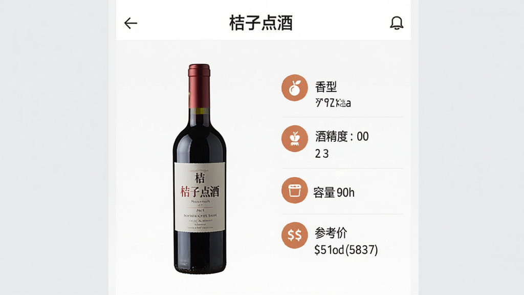 一张展示“桔子点酒”APP内部酒水详情页的图片,页面中央是一瓶红酒的高清图片,旁边用清晰的标签和图标标注着“香型”、“酒精度”、“容量”、“参考价”等信息,背景是浅灰色,排版整洁,风格商务简约,画质清晰