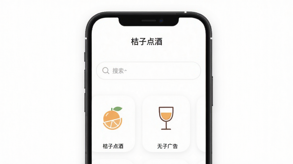 一张展示“桔子点酒”APP极简界面的图片,画面中只有搜索框和几个简洁的分类图标,没有广告横幅和弹窗,背景是纯白色,风格极简,画质干净,突出“无广告”的清爽感