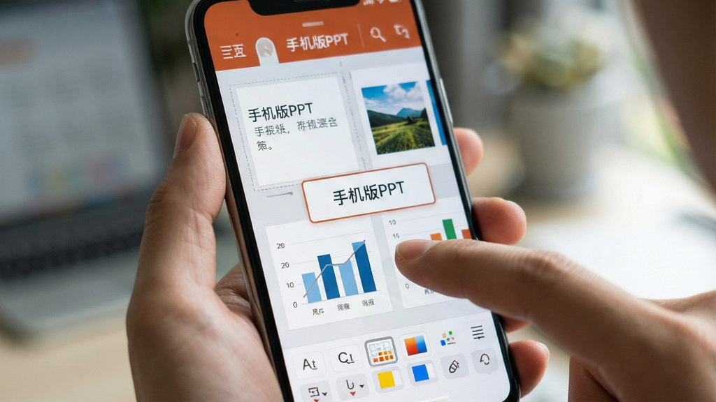 一张特写图片,展示一只手正在手机屏幕上编辑PPT,屏幕中显示“手机版PPT”编辑界面,有文本框、图片和图表元素,手指正在拖动一个标题框,界面底部有字体、颜色、对齐等工具栏,画面背景虚化,突出手机屏幕内容,风格写实,画质清晰干净。