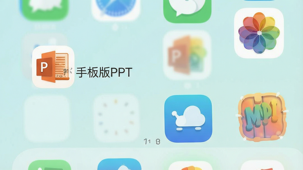 一张展示手机存储空间的示意图,画面中“手机版PPT”应用图标旁边显示较小的占用空间数字,与周围几个体积臃肿的大型应用图标形成对比,背景是简洁的手机桌面,风格扁平化,色彩清新,画质干净,无多余装饰。