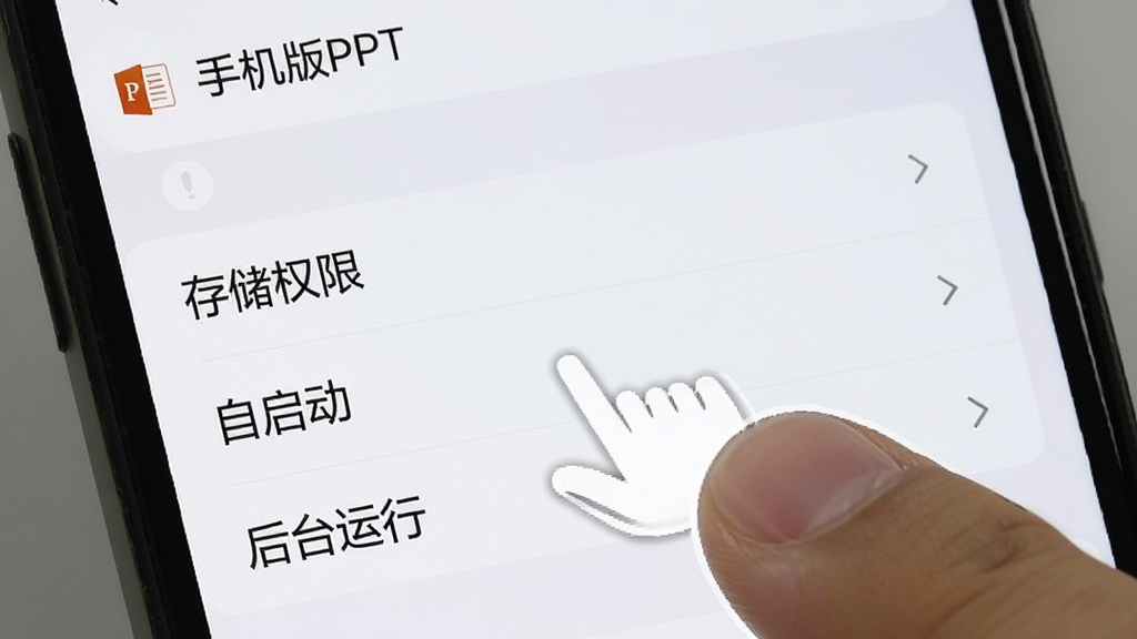 一张展示手机屏幕上“手机版PPT”设置界面的图片,画面中高亮显示了“存储权限”、“自启动”和“后台运行”三个选项,旁边有手指点击的示意,背景是手机设置菜单,风格简洁明了,重点突出,画质清晰无杂乱元素。