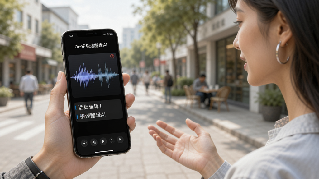 一张展示 DeeP极速翻译AI 语音翻译功能的图片,画面中两个人在交流,其中一人手持手机,手机屏幕显示语音波形和翻译文字,屏幕上方有“DeeP极速翻译AI”字样,背景是户外街道场景,风格明亮,画质干净,无多余元素。