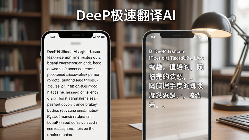 一张展示 DeeP极速翻译AI 智能翻译效果的图片,画面中手机屏幕左侧是英文段落,右侧是流畅的中文翻译结果,屏幕上方有“DeeP极速翻译AI”字样,背景是图书馆或办公桌场景,风格写实,光线柔和,画质干净,无多余元素。