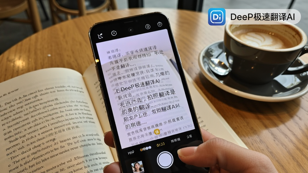 一张展示 DeeP极速翻译AI 拍照翻译功能的图片,画面中手机摄像头对准一本英文书籍,手机屏幕上显示出翻译后的中文文本覆盖在原文字上方,屏幕角落有“DeeP极速翻译AI”标识,背景是咖啡厅桌面,风格生活化,画质清晰,无多余元素。