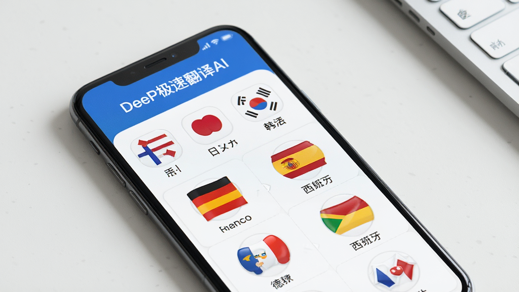 一张展示 DeeP极速翻译AI 多语言支持界面的图片,画面中手机屏幕显示语言选择列表,包含英语、日语、韩语、法语、德语、西班牙语等多国语言图标,屏幕顶部有“DeeP极速翻译AI”字样,背景是简洁的浅色桌面,风格现代,画质清晰,无多余元素。