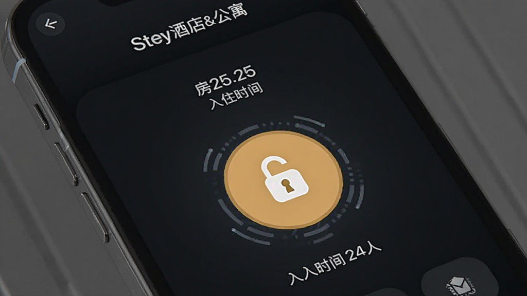 一个手机屏幕显示“Stey酒店&公寓”的智能门锁开锁界面,屏幕中央有一个大大的开锁按钮,周围有房间号和入住时间信息,背景是深色模式,风格科技感强,画质清晰