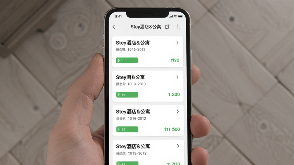 一个手机界面展示“Stey酒店&公寓”的订单列表页,页面上有多个订单卡片,每个卡片显示酒店名称、入住日期和状态,布局整齐,风格清爽,无多余装饰