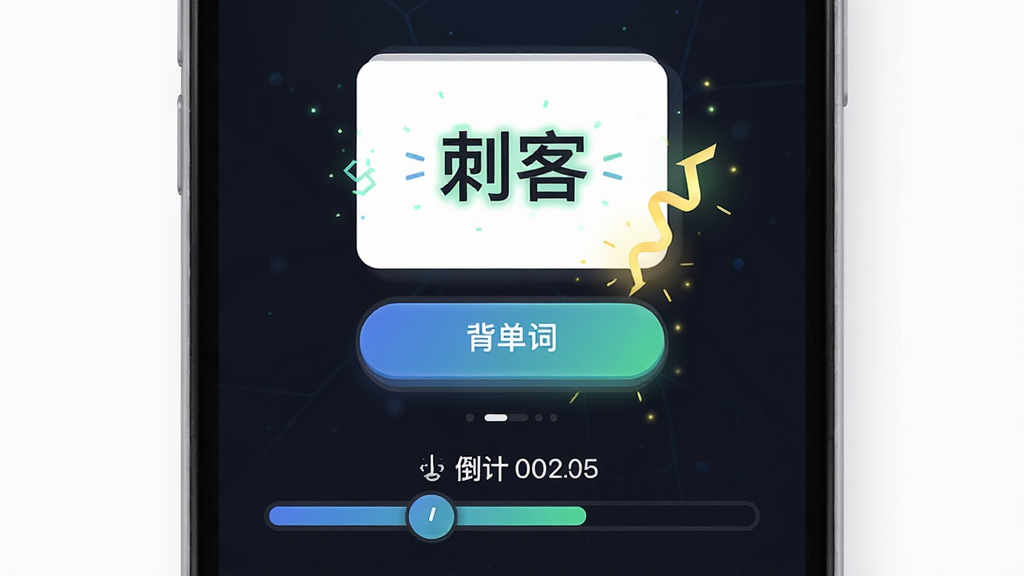 单词刺客 背单词界面 单词卡片与选项按钮 倒计时进度条 连击特效 深色背景 高亮文字 简洁排版 干净画质 无多余元素