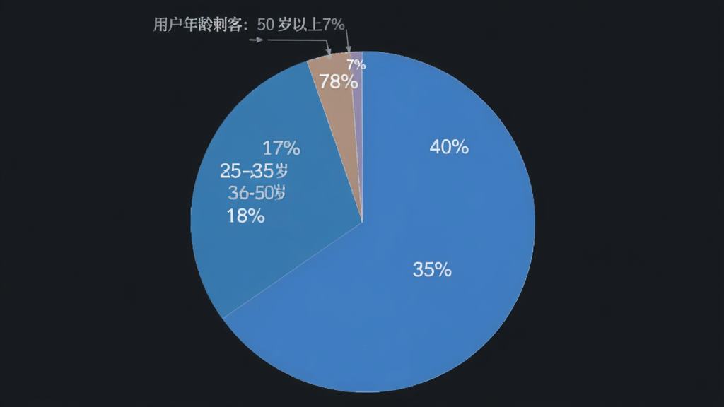 单词刺客 用户年龄分布饼状图 18-24岁35% 25-35岁40% 36-50岁18% 50岁以上7% 深色背景 简洁图表 干净画质 无多余元素